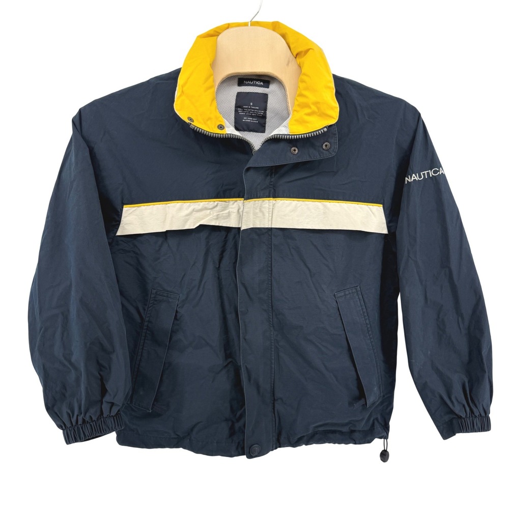 Vtg. Nautica Sailing Jacket Mens Small Pre-Owned Blue Colorblock Stowaway Hood